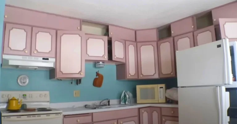 Woman rips pink cupboards from blue walls in kitchen for beautiful design