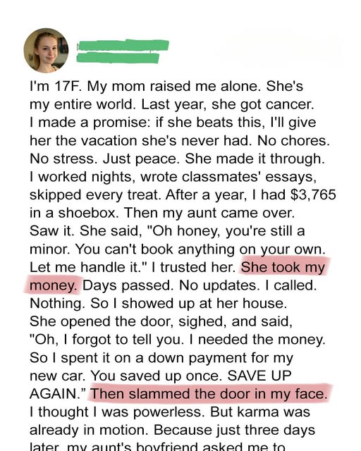 My Aunt Stole My Hard-Earned $3,765 — I Was Saving It to Take My Mom to the Ocean