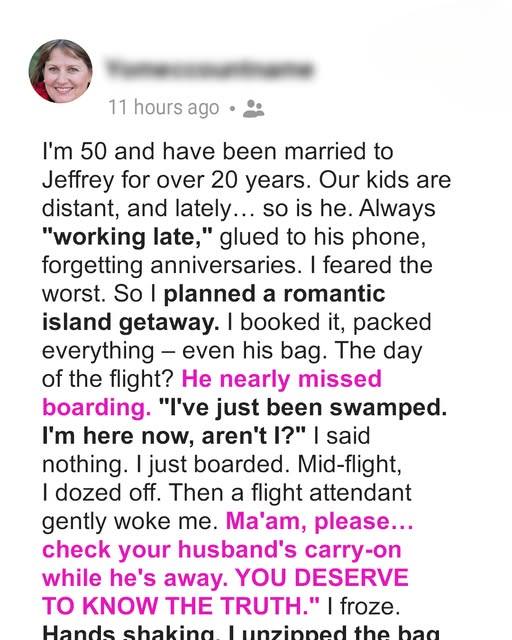 Flight Attendant Suggested I Check My Husband’s Bag — I Was Shocked by What I Discovered