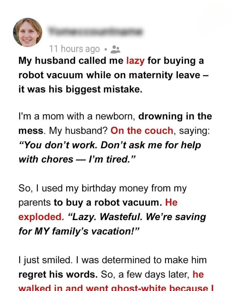My Husband Criticized Me for Buying a Robot Vacuum While on Maternity Leave—He Learned a Valuable Lesson